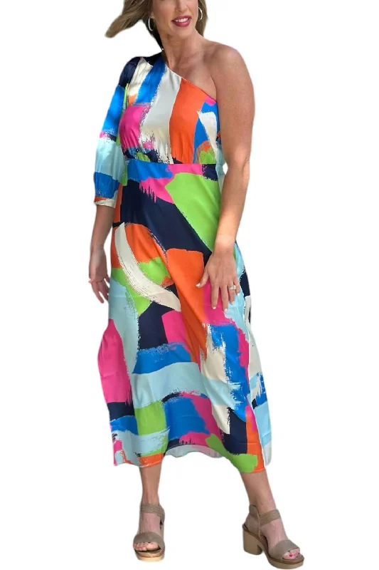 One Shoulder Column Dress In Multi Brush Sustainable Fashion 