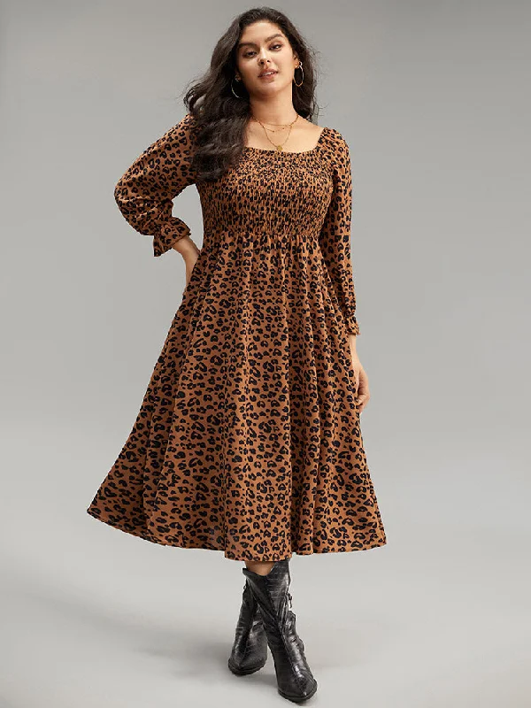 Leopard Print Shirred Square Neck Pocket Dress Women's Plus-Size Apparel