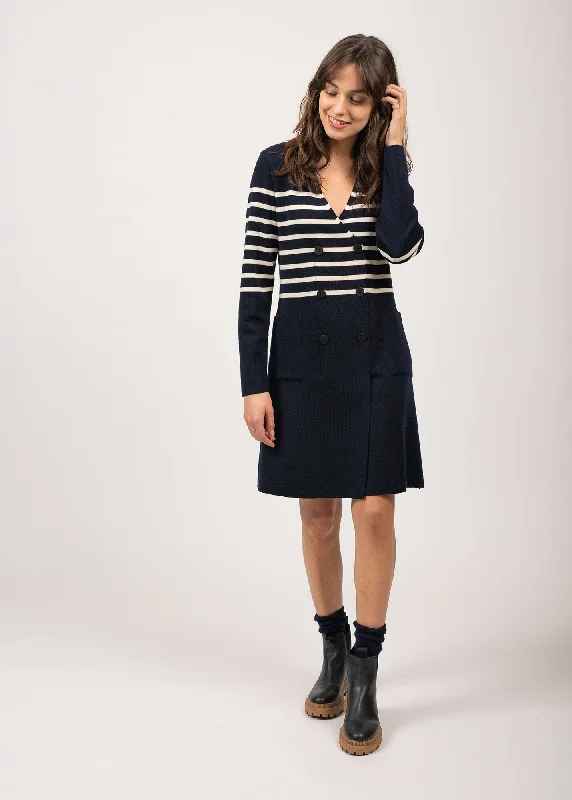 Royale striped dress in wool - crossed V neck (NAVY/ECUME) Women's Online Boutique