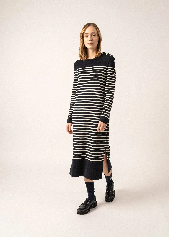 Marée Long Knitted Dress - striped, in wool (NAVY/ECUME) New Arrival Discounts