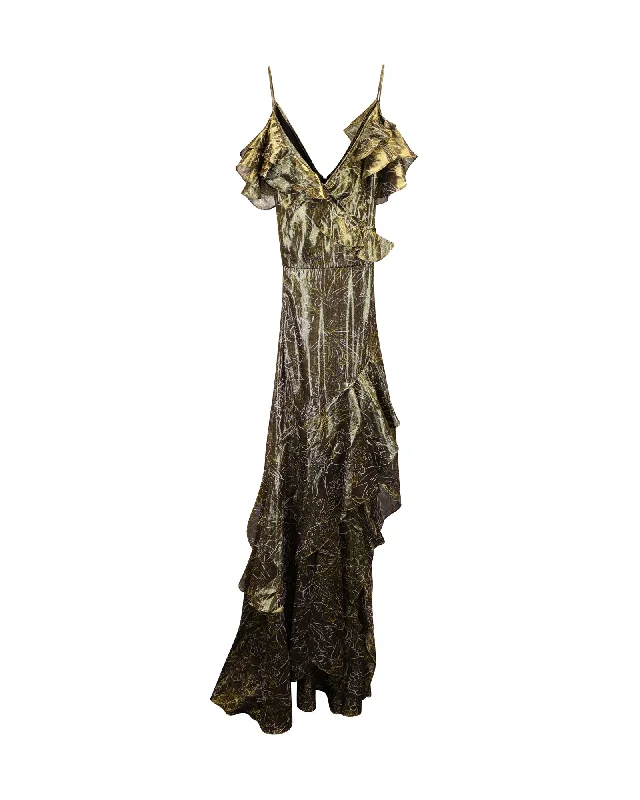 Peter Pilotto V-Neck Ruffled Dress in Gold Silk Trendy Outfits For Ladies