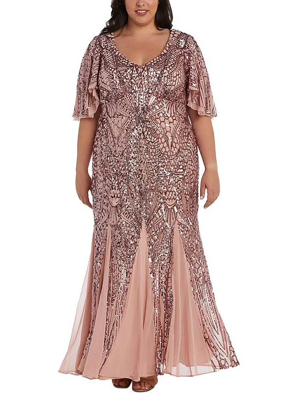 Plus Womens Sequin Flutter Sleeve Evening Dress Women's Clothes And Apparel Sets