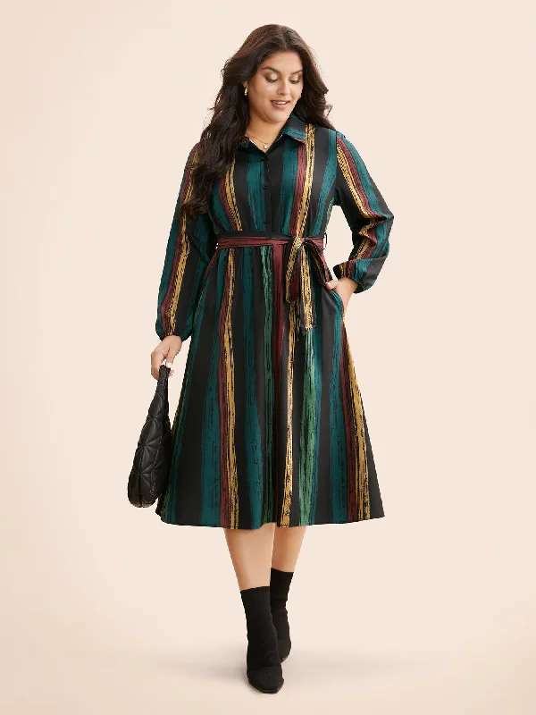 Colored Striped Belted Lantern Sleeve Dress Luxury Fashion