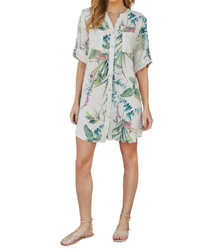 Italian Linen Botanical Print Dress In White Clothing Brands