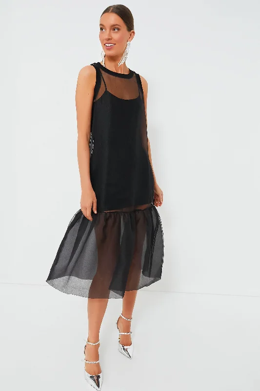 Black Midi Organza Ribbed Dress Sustainable Women's Clothes