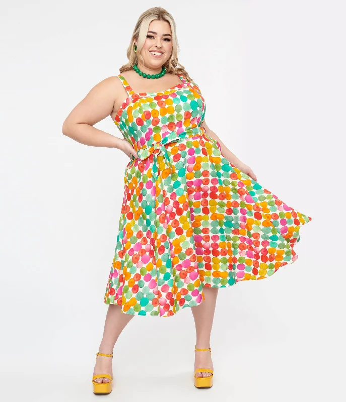 Plus Size 1950s Rainbow Watercolor Polka Dot Lori Swing Dress Women's Holiday Clothing