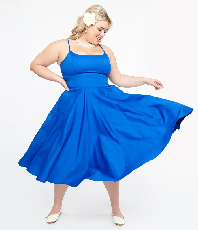 1950s Cobalt Blue Cotton Swing Dress Athleisure Wear