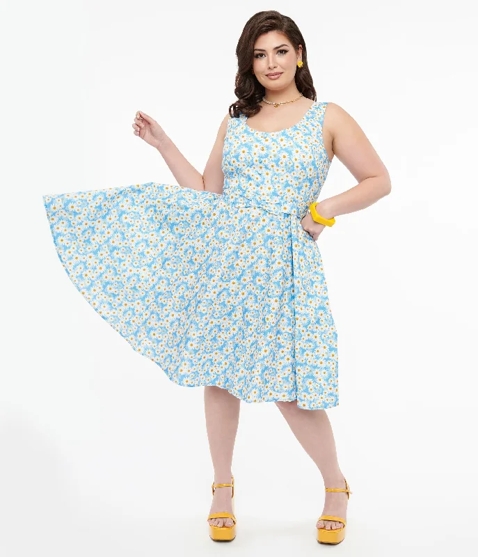 Plus Size 1950s Blue & Daisy Print Cotton Selda Swing Dress Casual Wear