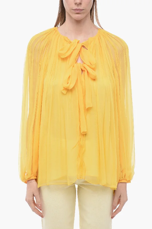 Chloe Tie Neck Silk Chiffon Accordion Blouse Women's Professional Garments