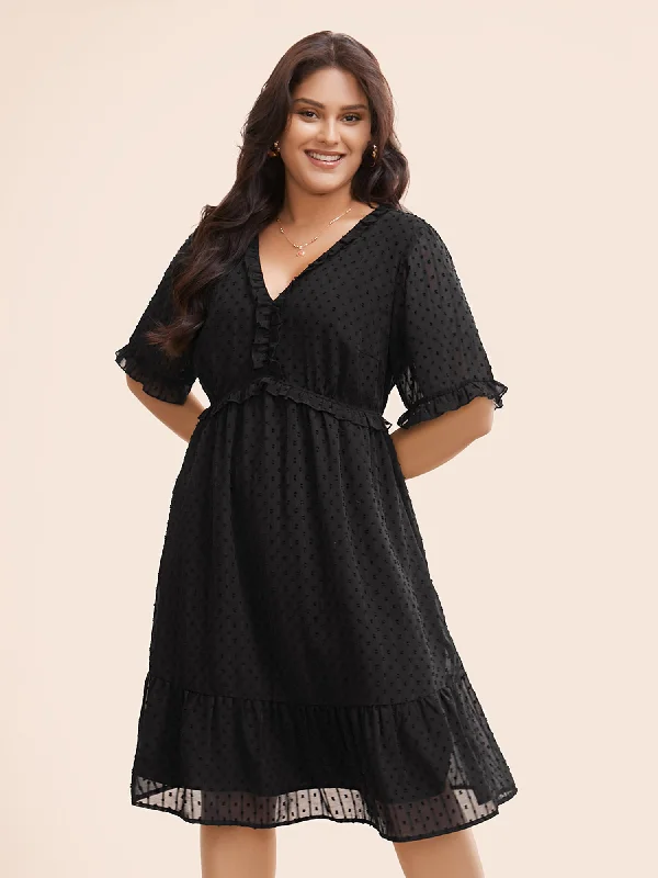 Jacquard V Neck Ruffle Sleeve Dress Stylish Everyday Clothing