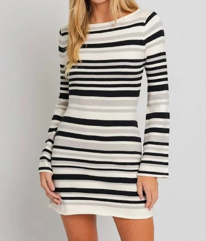 Boat Neck Bell Sleeve Sweater Dress In White/black Stripe Women's Clothing For Casual Outings