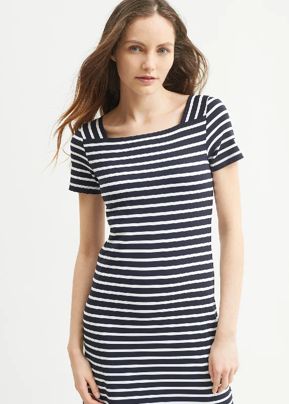 Tolède anti-UV striped dress - square neck, in recycled jersey (NAVY/NEIGE) Best Online Women's Boutiques