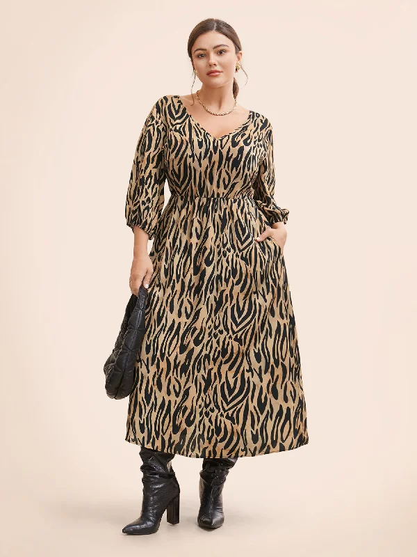 Leopard Print Tie Knot Lantern Sleeve Dress Women's Stylish Outdoor Outfit