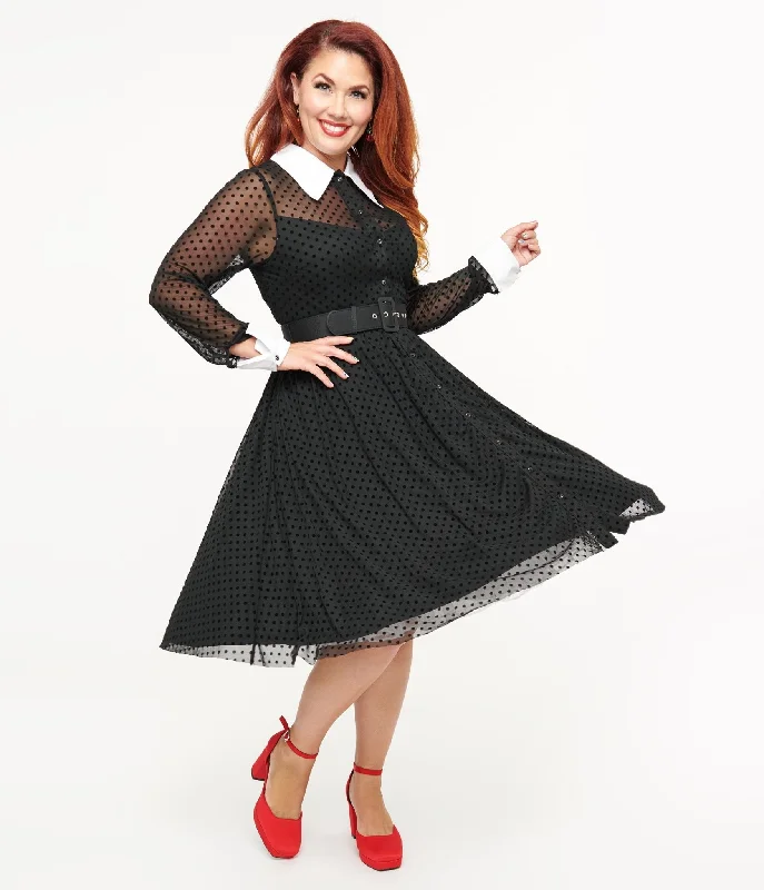 Unique Vintage 1950s Black Polka Dot Tulle Swing Dress Women's Clothing For Outdoor Events