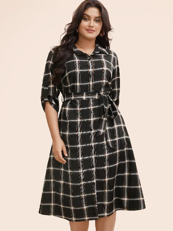 Plaid Shirt Collar Belted Tab Sleeve Dress Women's Vintage Attire