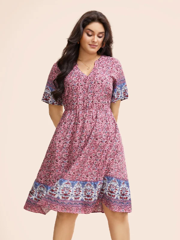 Boho Print Notched Collar Elastic Waist Dress Women's Vacation Outfit Set