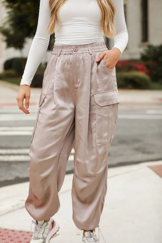 FINAL SALE - My Dream Come True Champagne Satin Cargo Pants Women's Vacation Clothes