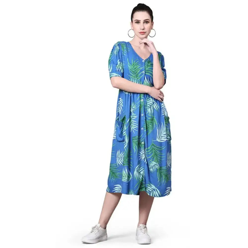 POMEGAL Stylish Midi Length Royal Blue Color Antifit Tropical Print Rayon Dobby Western Dress Puffed Sleeves for Women Latest One Piece Dress(Royal Blue)(L) Women's Contemporary Clothing