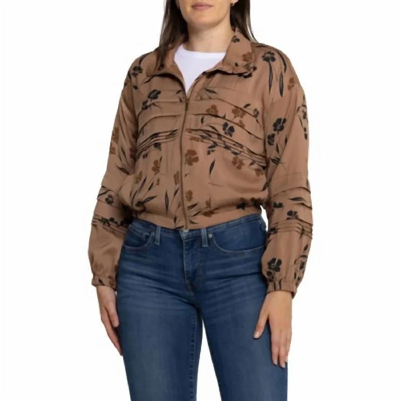 Floral Zip Front Bomber Jacket In Chai Holiday Special Offers