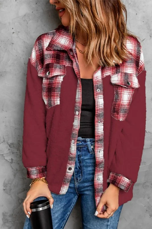 Sherpa Plaid Shacket In Red Fashionable Women's Clothing