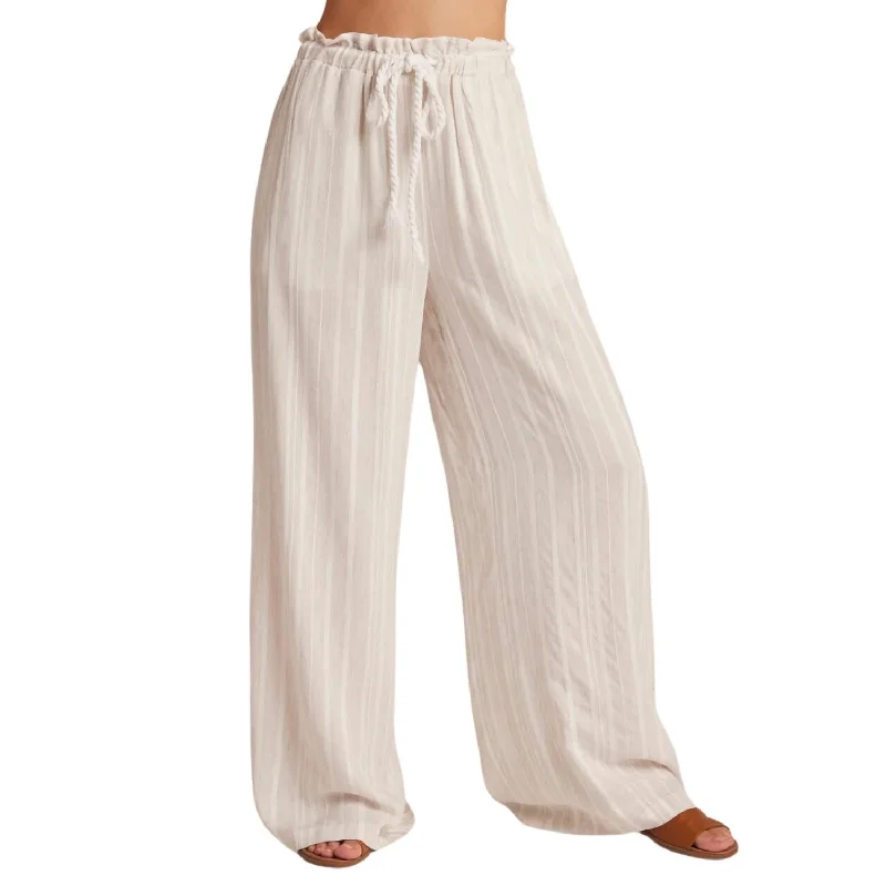 Smocked Ruffle Waist Wide Leg Crop Pants In Sand Stripe Women's Outdoor Attire