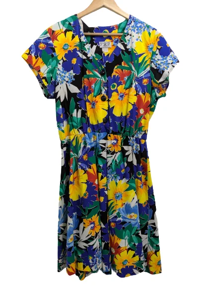 [XL] Vintage 80s Bright Floral Dress Vintage Clothing For Women