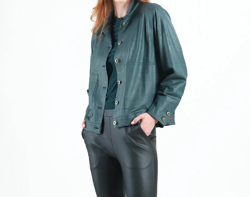 Liquid Leather Button Front Jacket In Hunter Green Stylish Women's Outfit