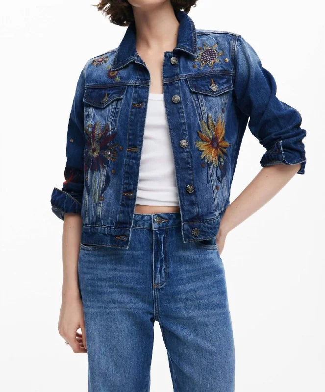 Floral Embroidered Trucker Denim Jacket In Blue Multi Modern Women's Fashion with Vintage Touches