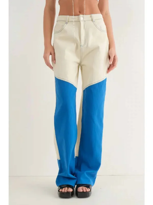 Color Blocked Long Pants In Ivory/blue Women's Professional Garments