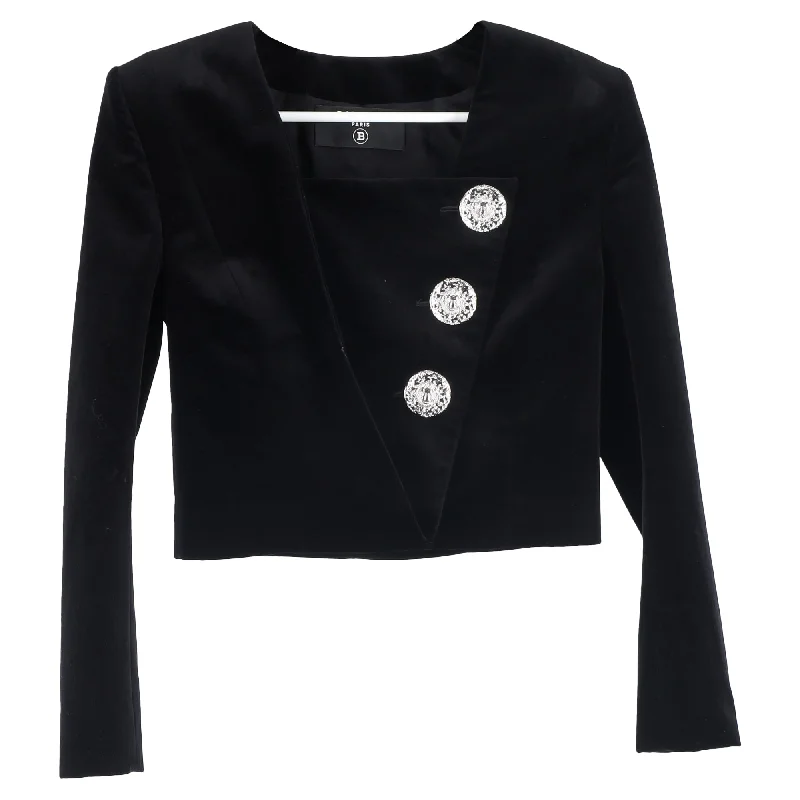 Balmain Embellished Cropped Blazer in Black Velvet Affordable Women's Apparel