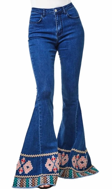 Embroidered Denim Bell Bottom In Blue Women's Comfortable Garments