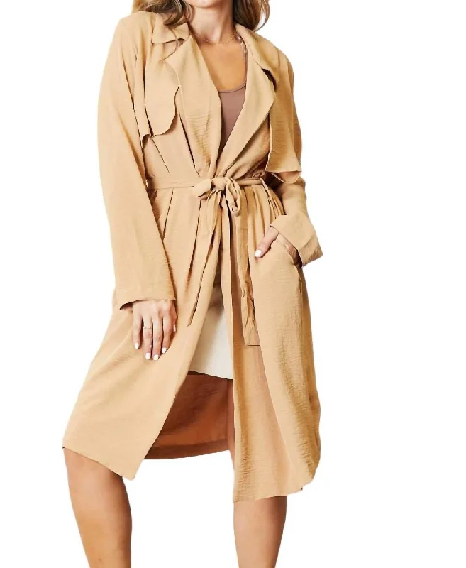 Full Size Tied Trench Coat With Pockets In Khaki Women's Clothing For Work