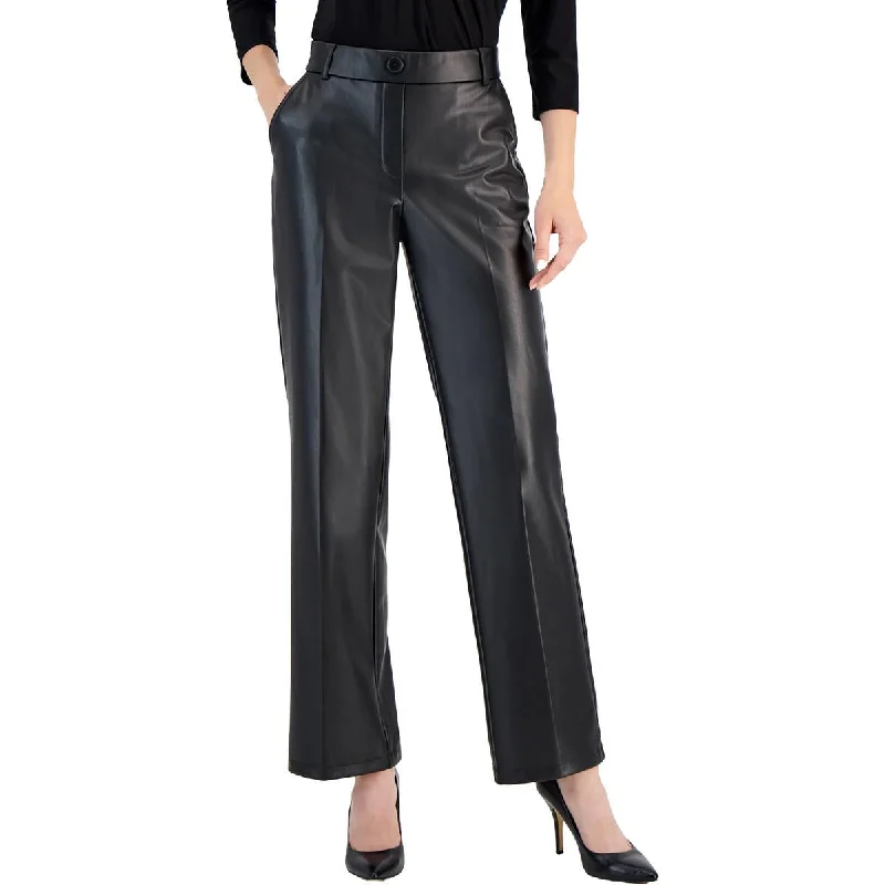 Petites Womens High Rise Faux Leather Wide Leg Pants Women's Layered Outfit