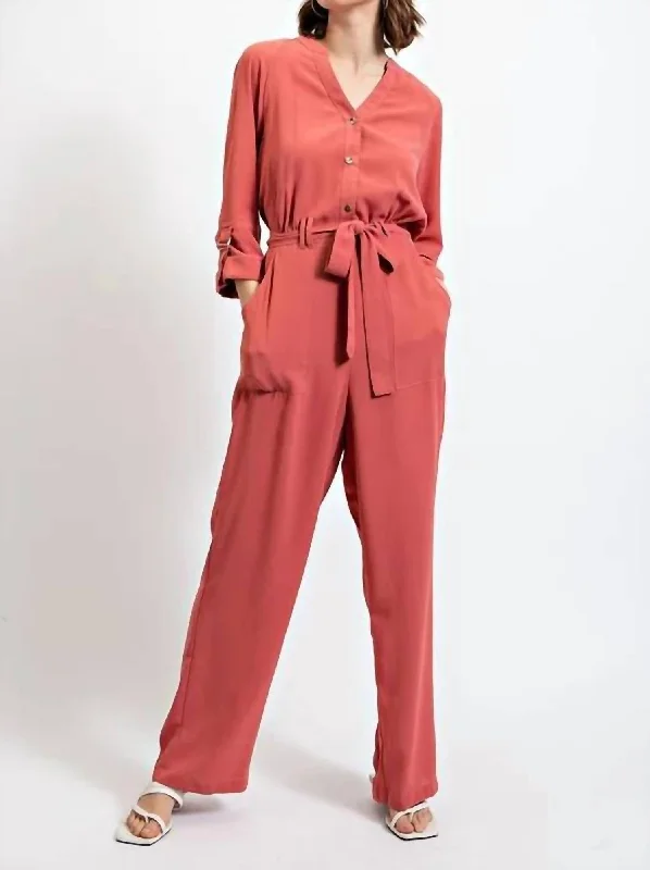 Roll Sleeve Waist Tie Jumpsuit In Dark Rose Formal Attire For Women