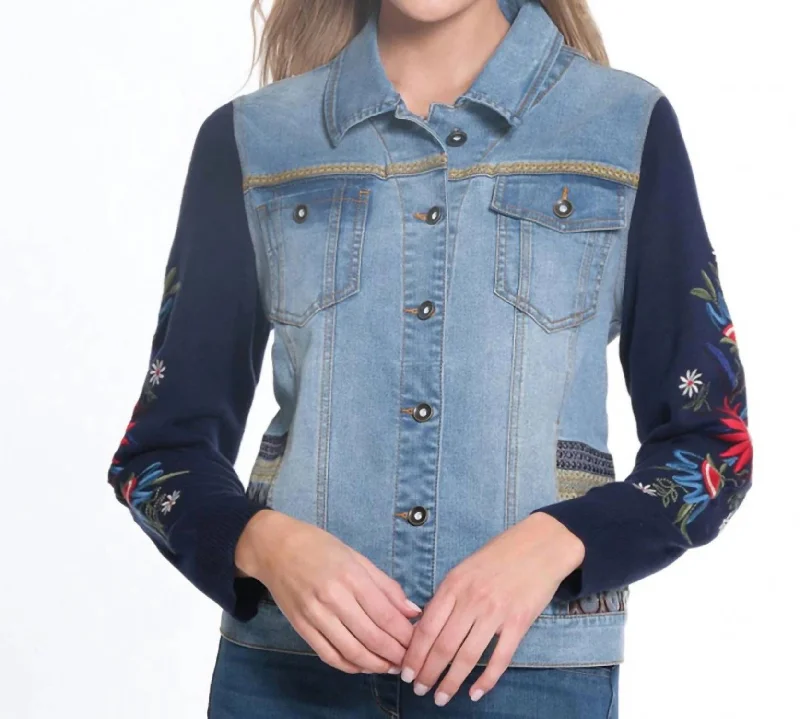 Floral Denim Jacket In Med Indigo Women's Holiday Clothing