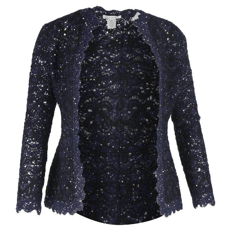 Oscar de la Renta Embroidered Sequin Jacket in Navy Blue Cotton Women's Functional Outdoor Garments