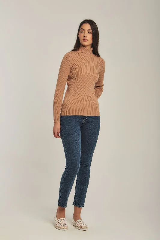 Women Pullover Basic High Neck Beige Trendy Boutique Online