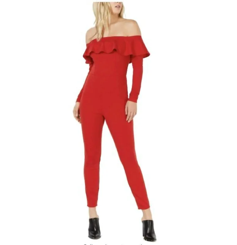 Off The Shoulder Ruffle Jumpsuit In Red Women's Evening Wear Attire