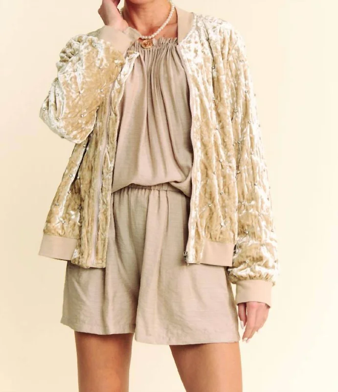 Velvet Quilted Jacket With Rhinestones In Beige Clothing Sale