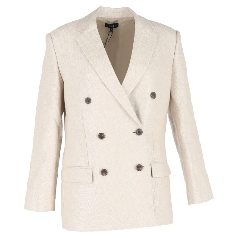 Theory Double-Breasted Blazer in Beige Linen Women's Trendy Garments