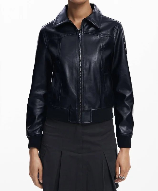 Faux Leather Biker Jacket In Black Sustainable Women's Clothing