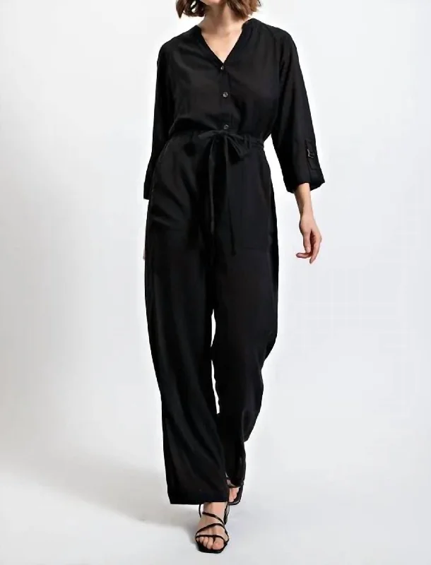 Roll Sleeve Waist Tie Jumpsuit In Black Women's Vacation Attire