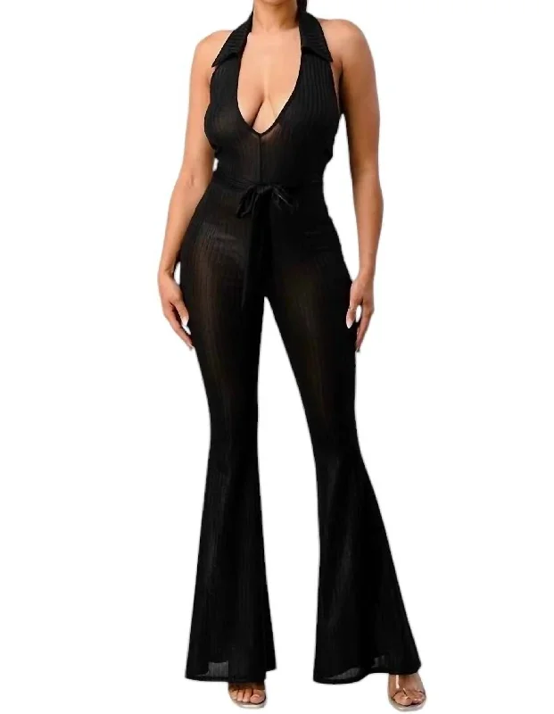 Lurex Rib Deep V-Line Disco Jumpsuit In Black Women's Cozy Winter Attire