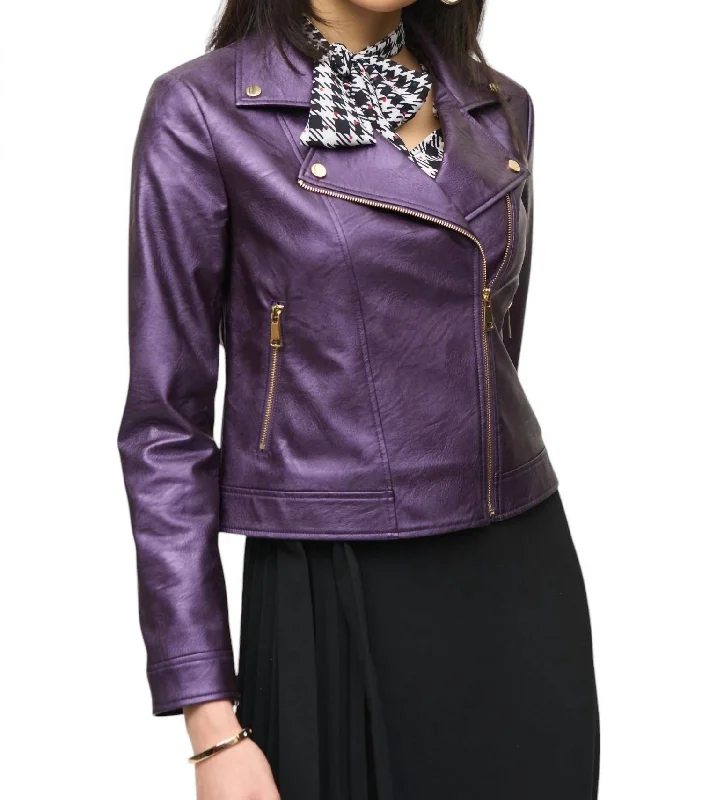 Metallic Faux Leather Biker Jacket In Black Currant Women's Formal Event Clothing