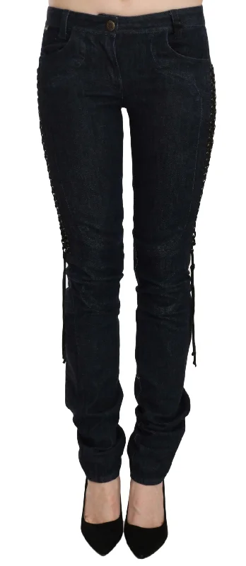 Just Cavalli blue Low Waist Skinny Trousers Braided String Women's Pants Online Boutique Clothing