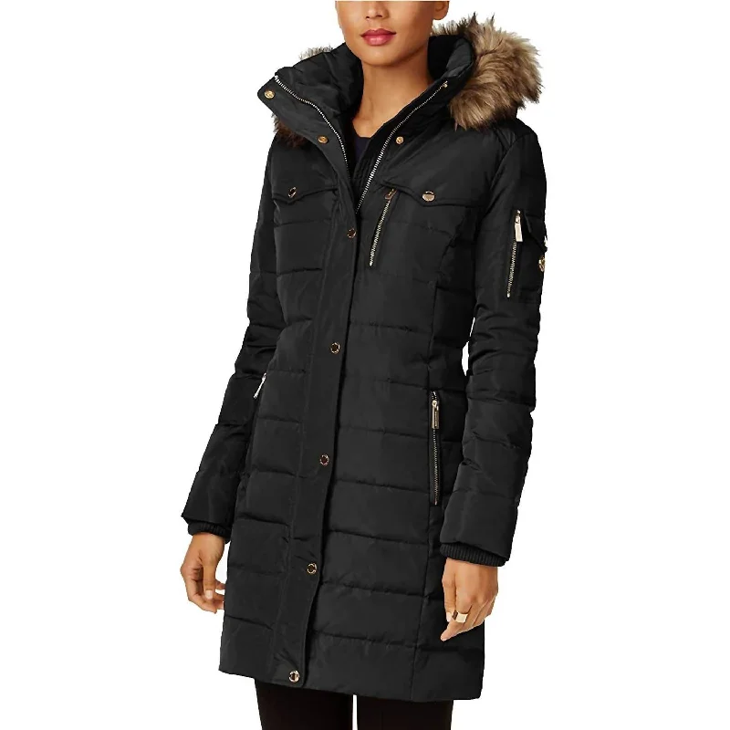 Faux Fur Trim Removable Hood Down Puffer Coat In Black Women's Vintage Attire