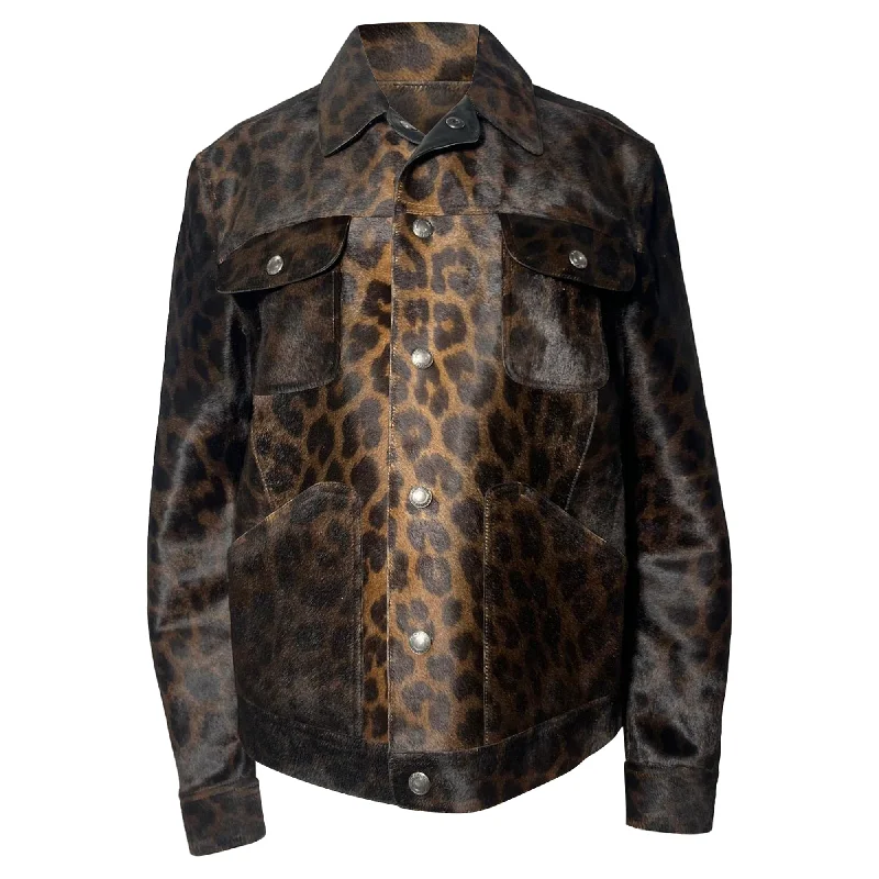 Tom Ford Leopard Print Buttoned Jacket with Pockets in Brown Calf Hair Women's Wardrobe Apparel