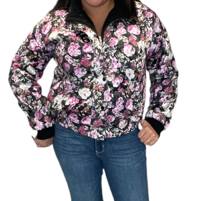 Quilted Floral Snap Front Bomber Jacket In Multi Color Women's Evening Clothing