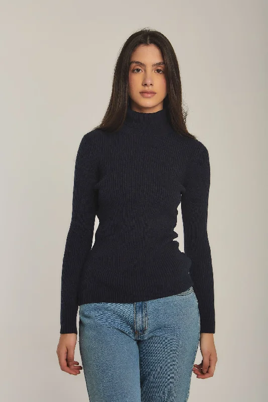 Women Pullover Basic High Neck Navy Flash Sale Or Flash Sales