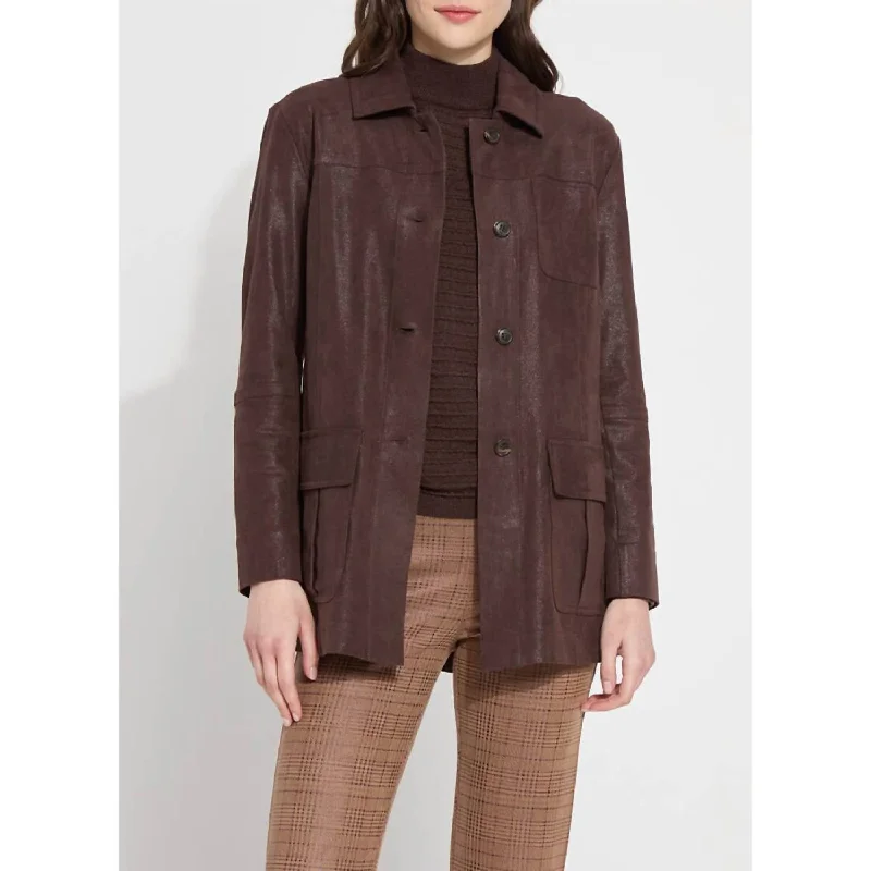 Lora Foil Faux Suede Utility Jacket In Dark Mocha Women's Tops And Clothing